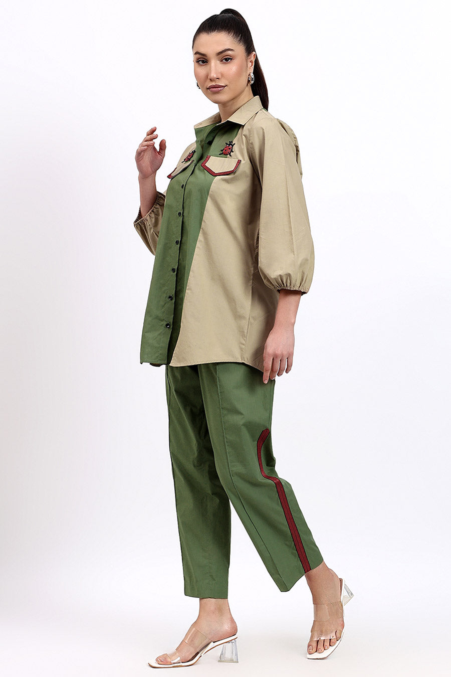 Olive & Beige Embellished Panelled Co-Ord Set