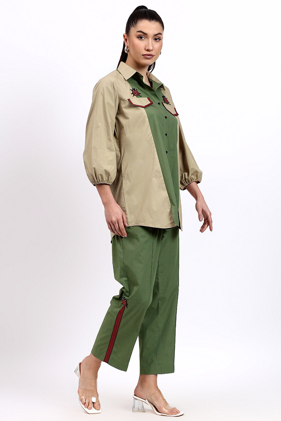 Olive & Beige Embellished Panelled Co-Ord Set