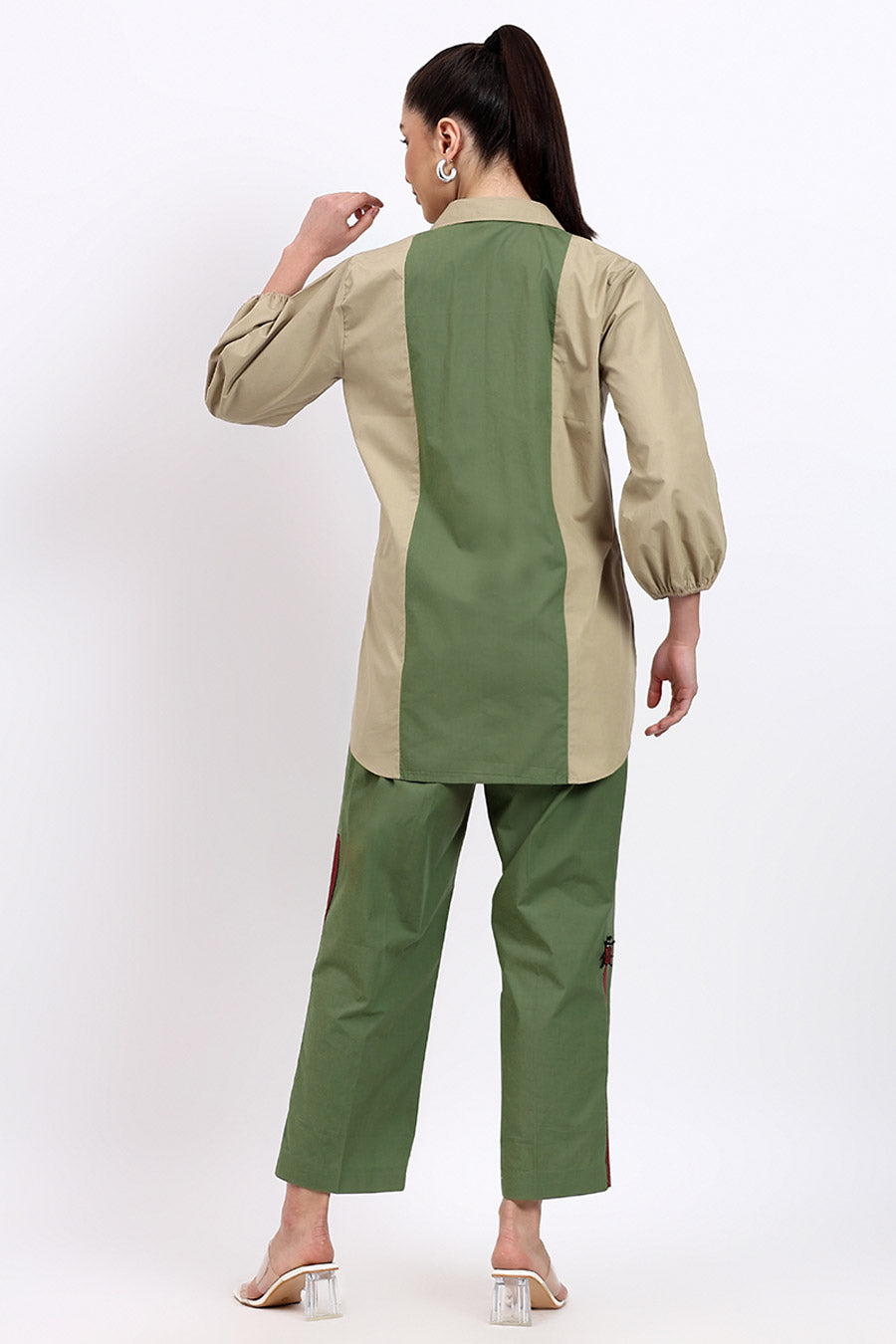 Olive & Beige Embellished Panelled Co-Ord Set