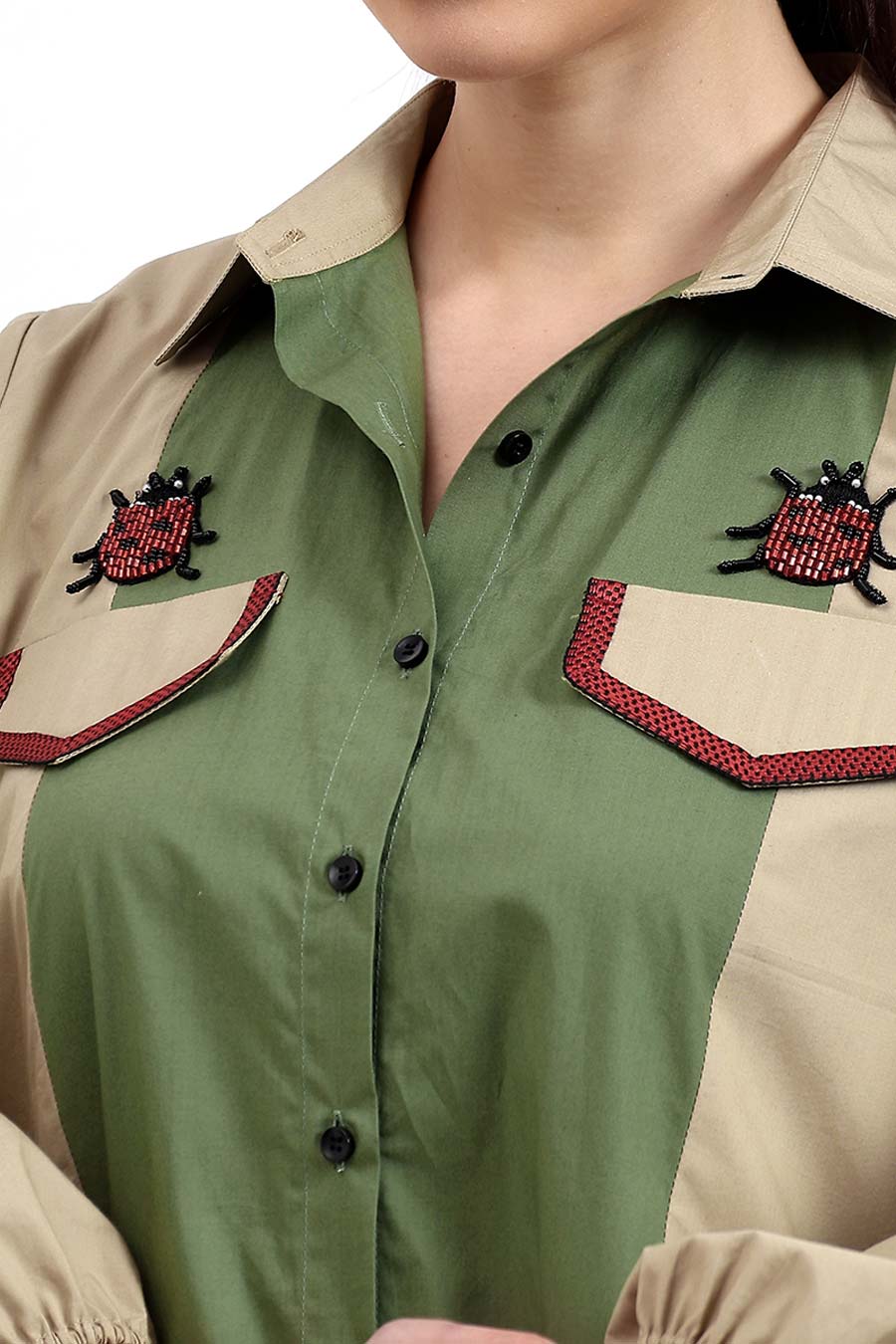 Olive & Beige Embellished Panelled Co-Ord Set