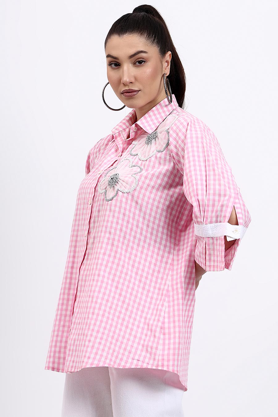 Pink Embellished Checked Shirt