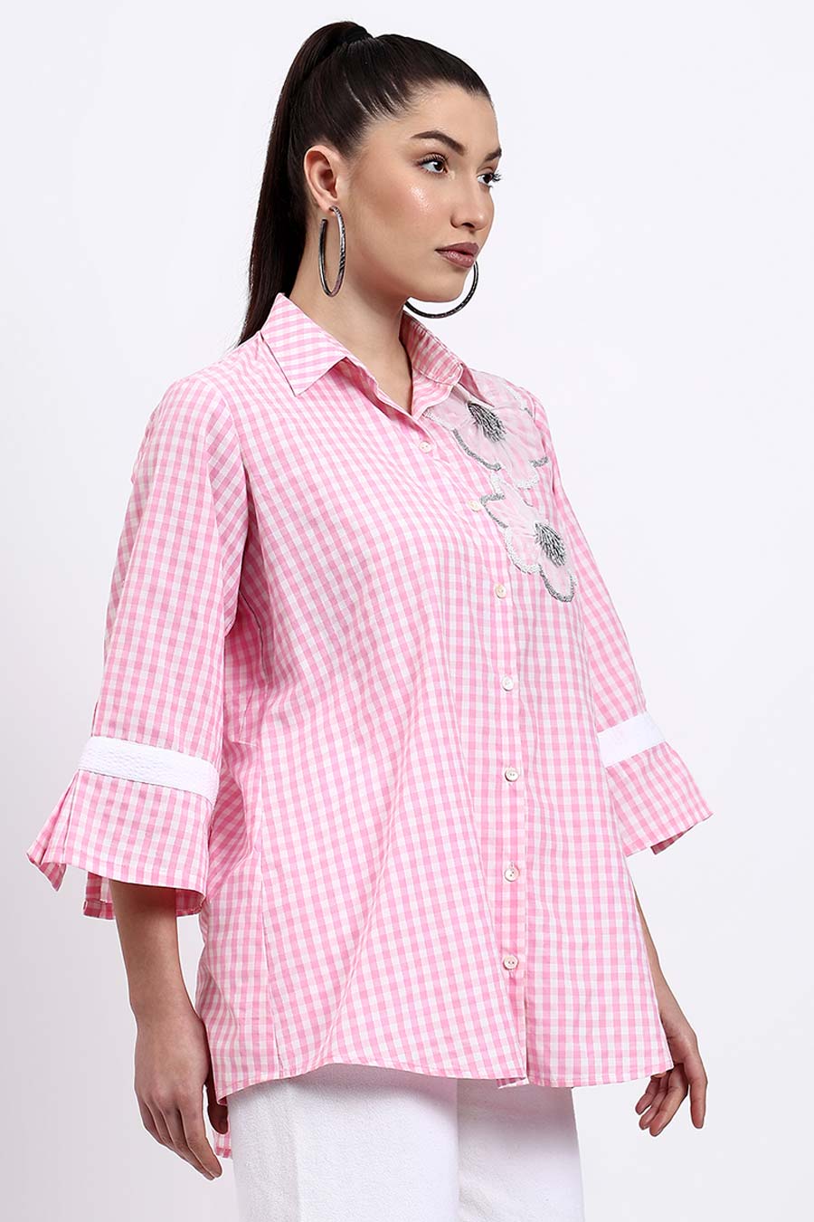 Pink Embellished Checked Shirt