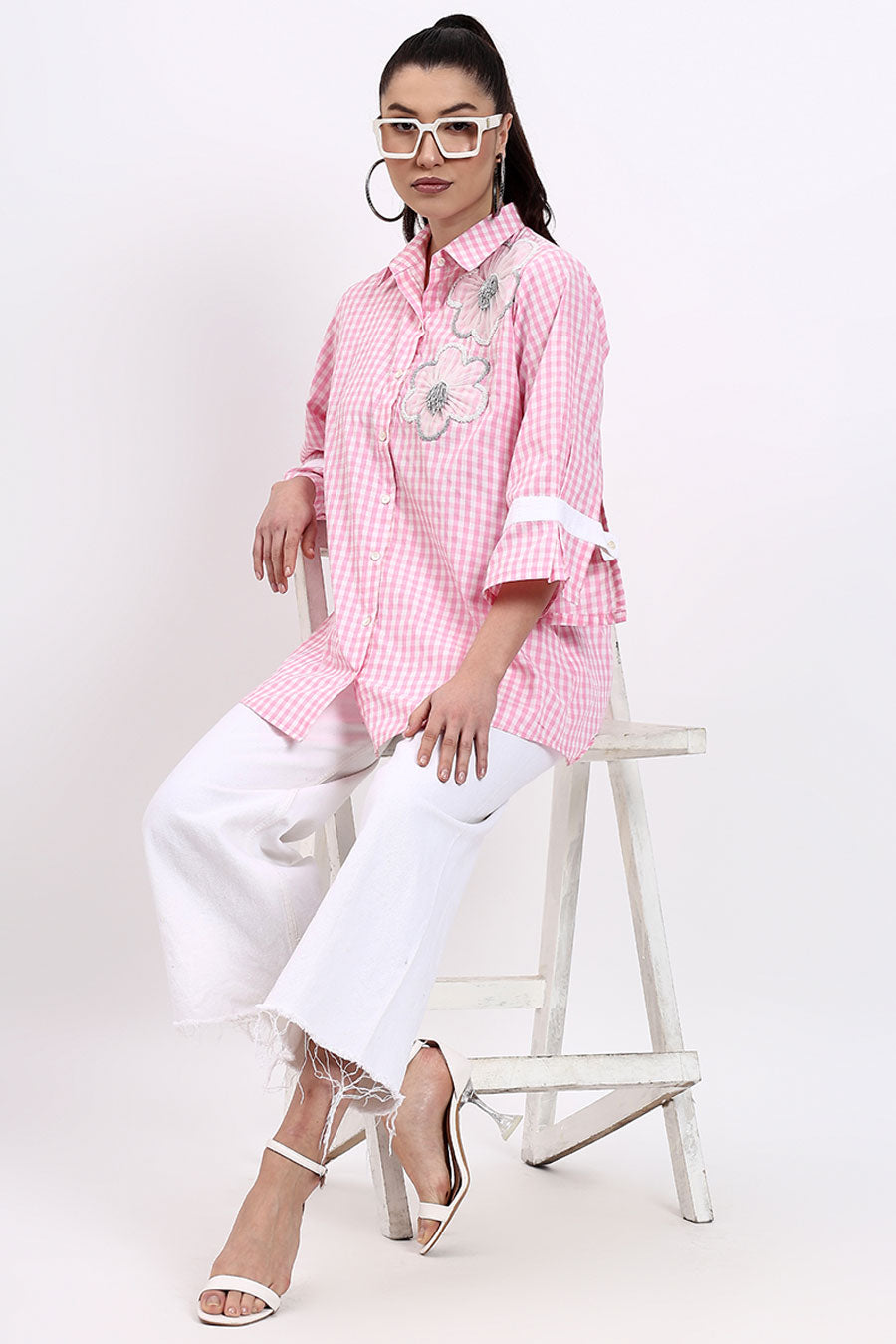Pink Embellished Checked Shirt