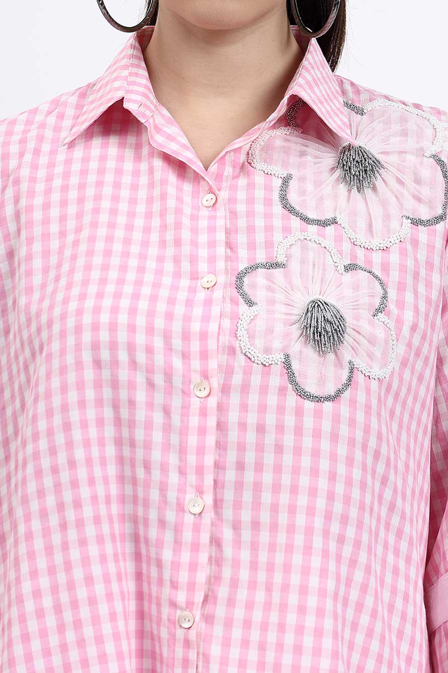 Pink Embellished Checked Shirt
