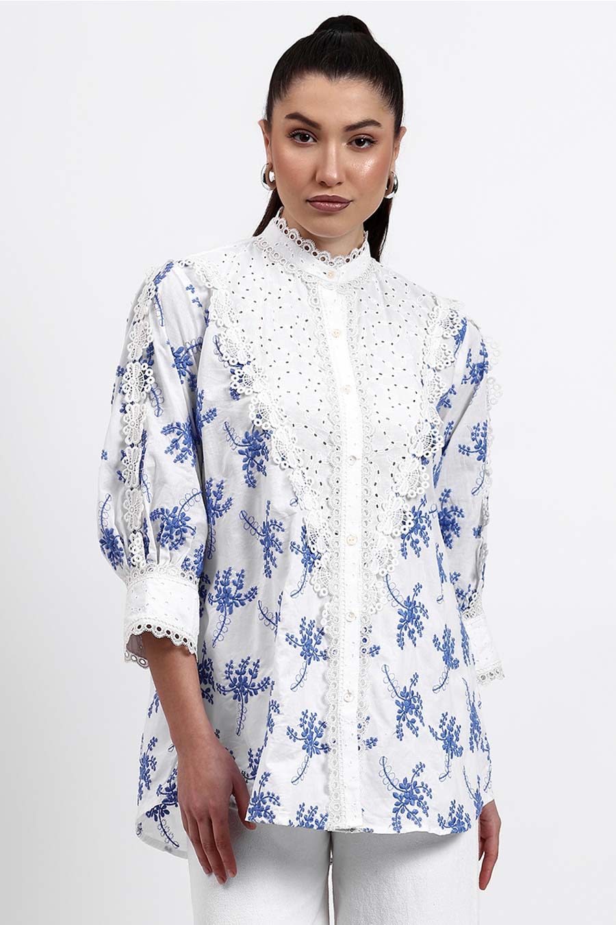 White & Blue Embroidered Panelled Shirt