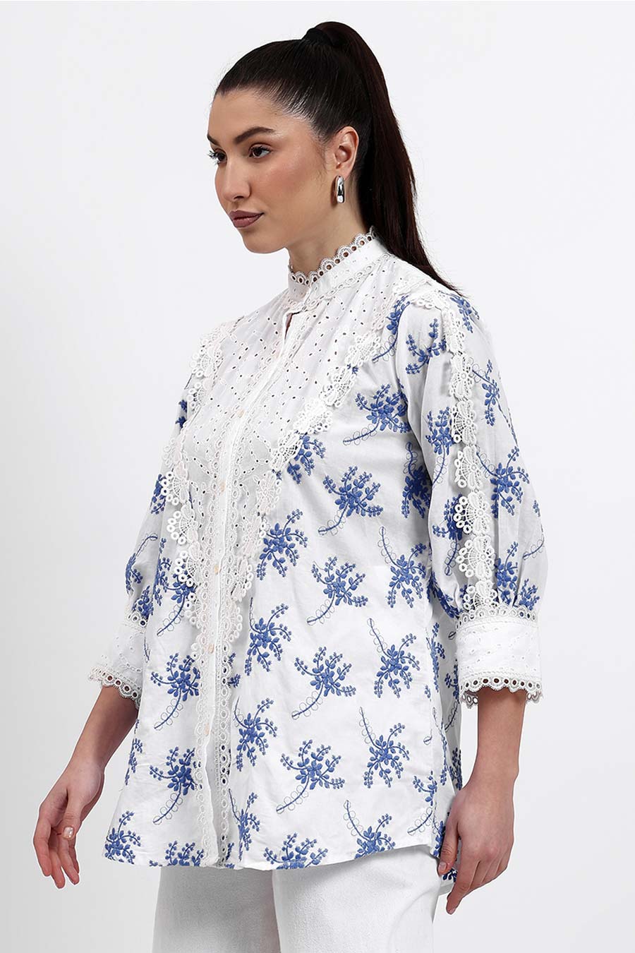 White & Blue Embroidered Panelled Shirt