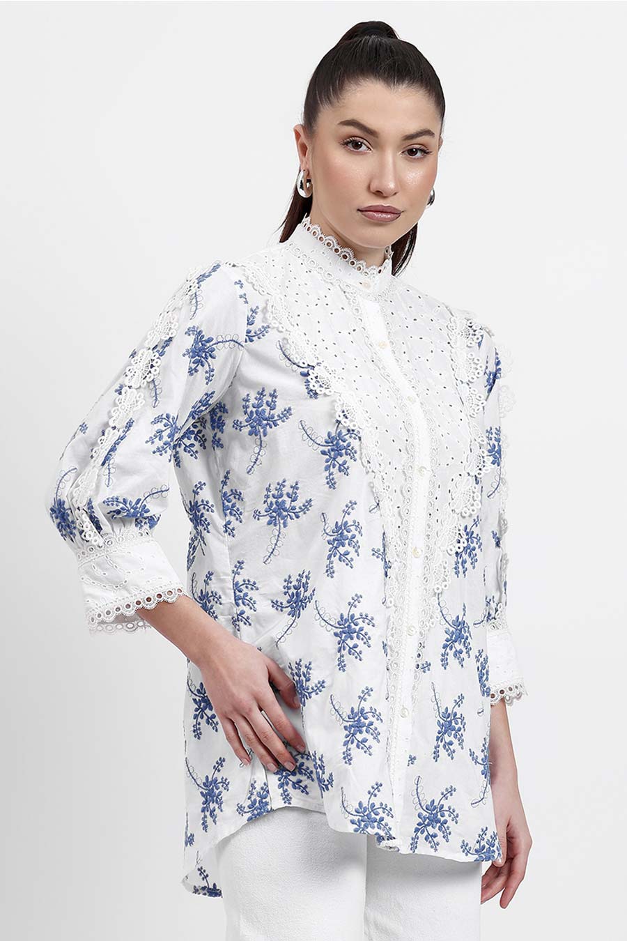 White & Blue Embroidered Panelled Shirt