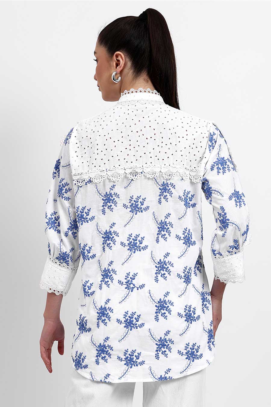 White & Blue Embroidered Panelled Shirt