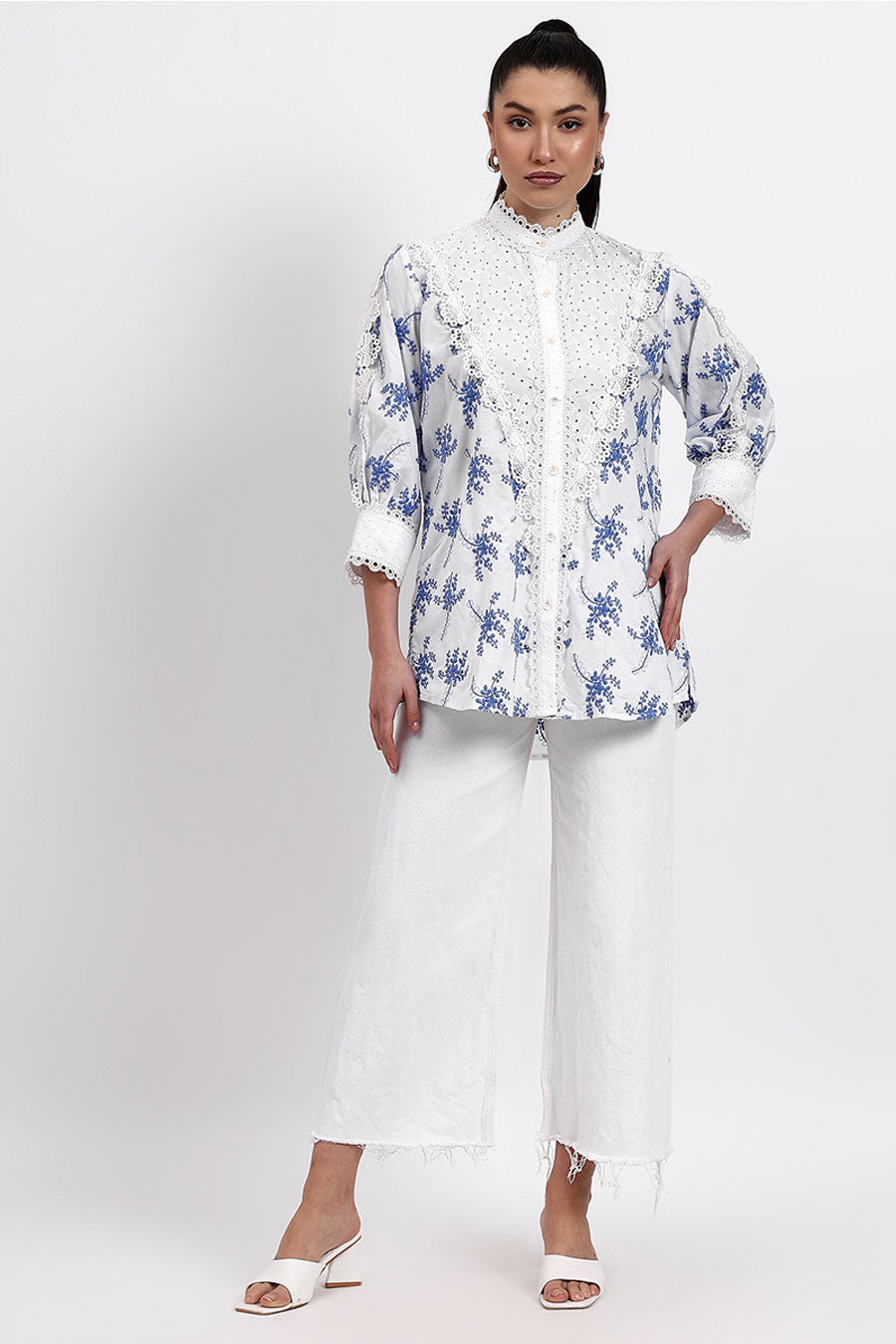White & Blue Embroidered Panelled Shirt