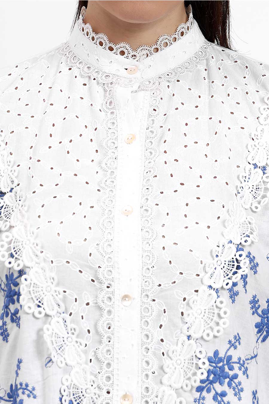 White & Blue Embroidered Panelled Shirt