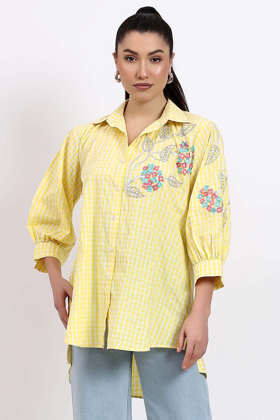 Yellow Embellished High-Low Shirt