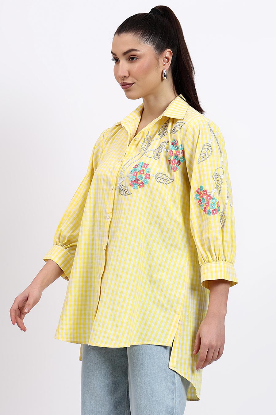 Yellow Embellished High-Low Shirt