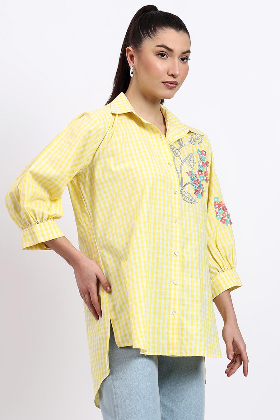 Yellow Embellished High-Low Shirt