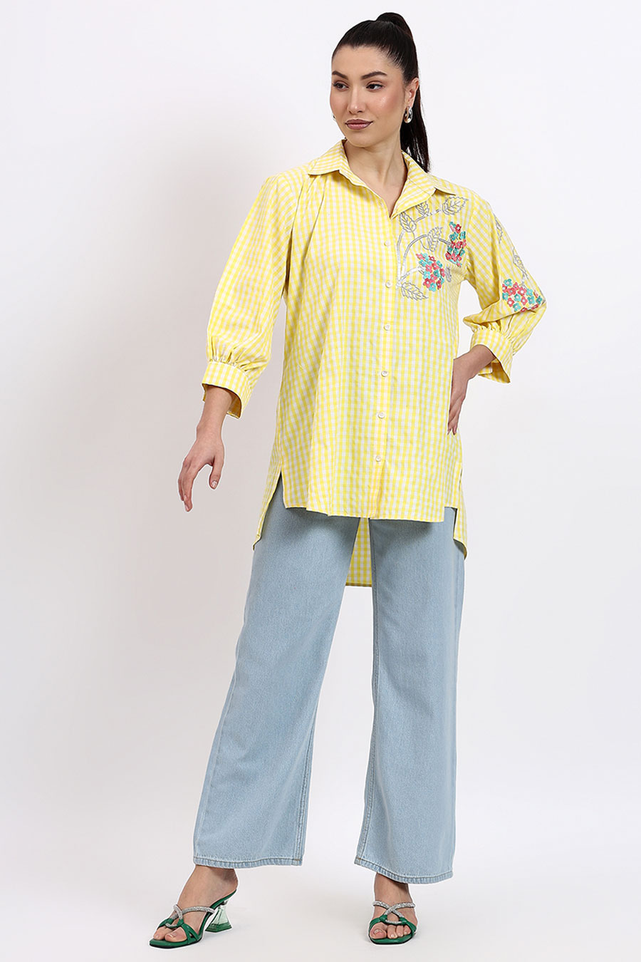 Yellow Embellished High-Low Shirt