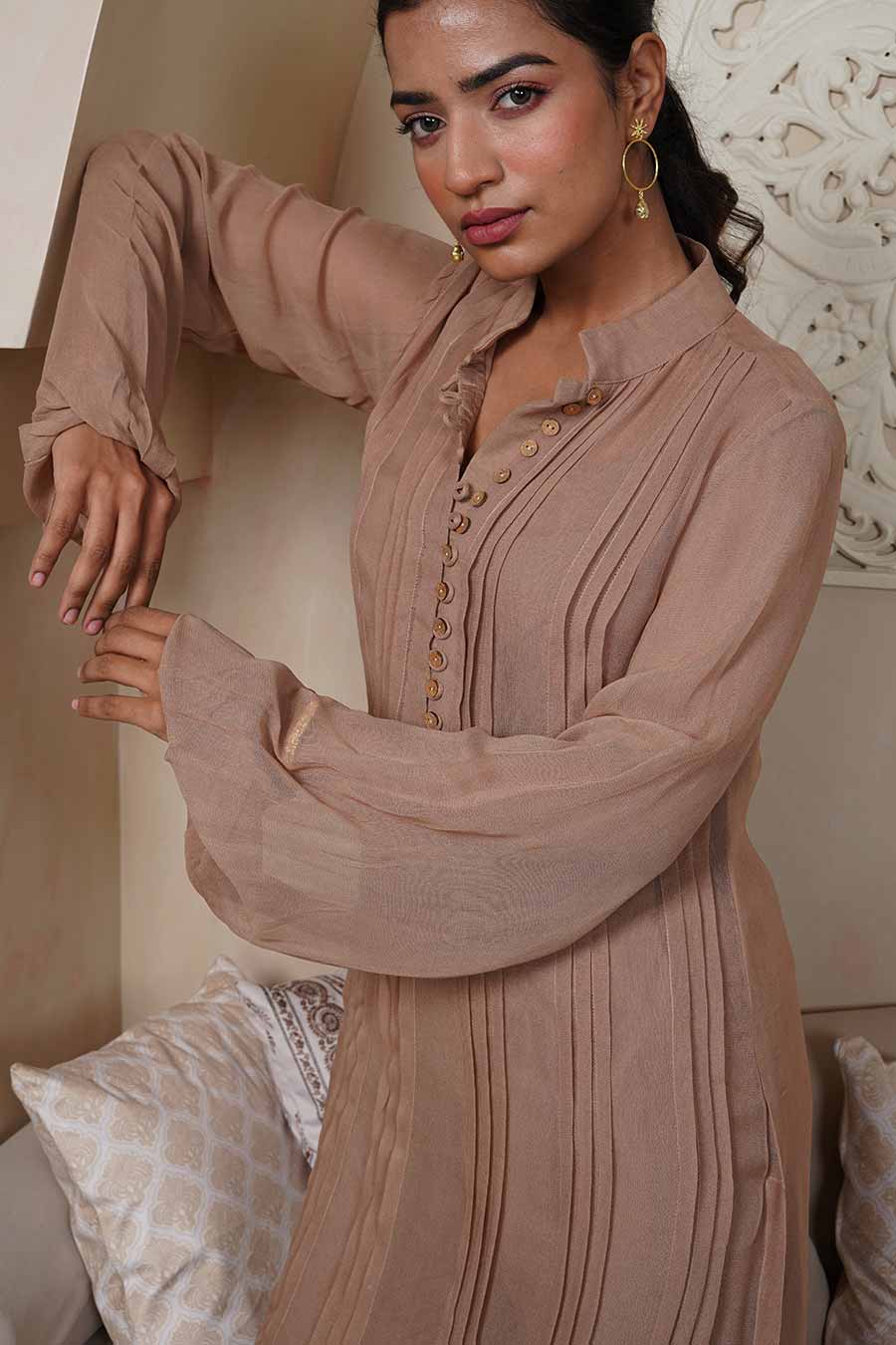 Brown Pintuck Kurta & Pant Set