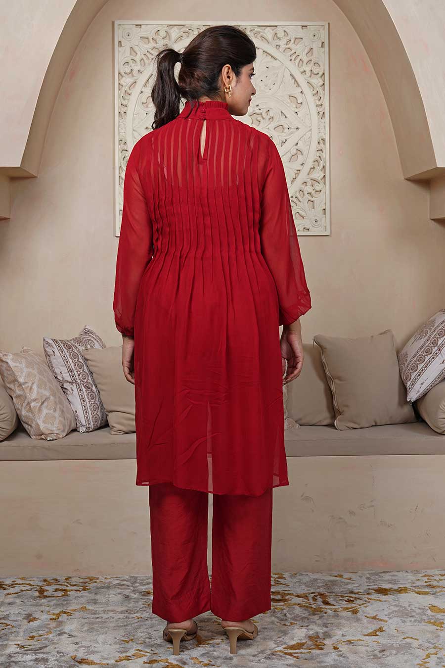 Crimson Red Pintuck Kurta & Pant Set