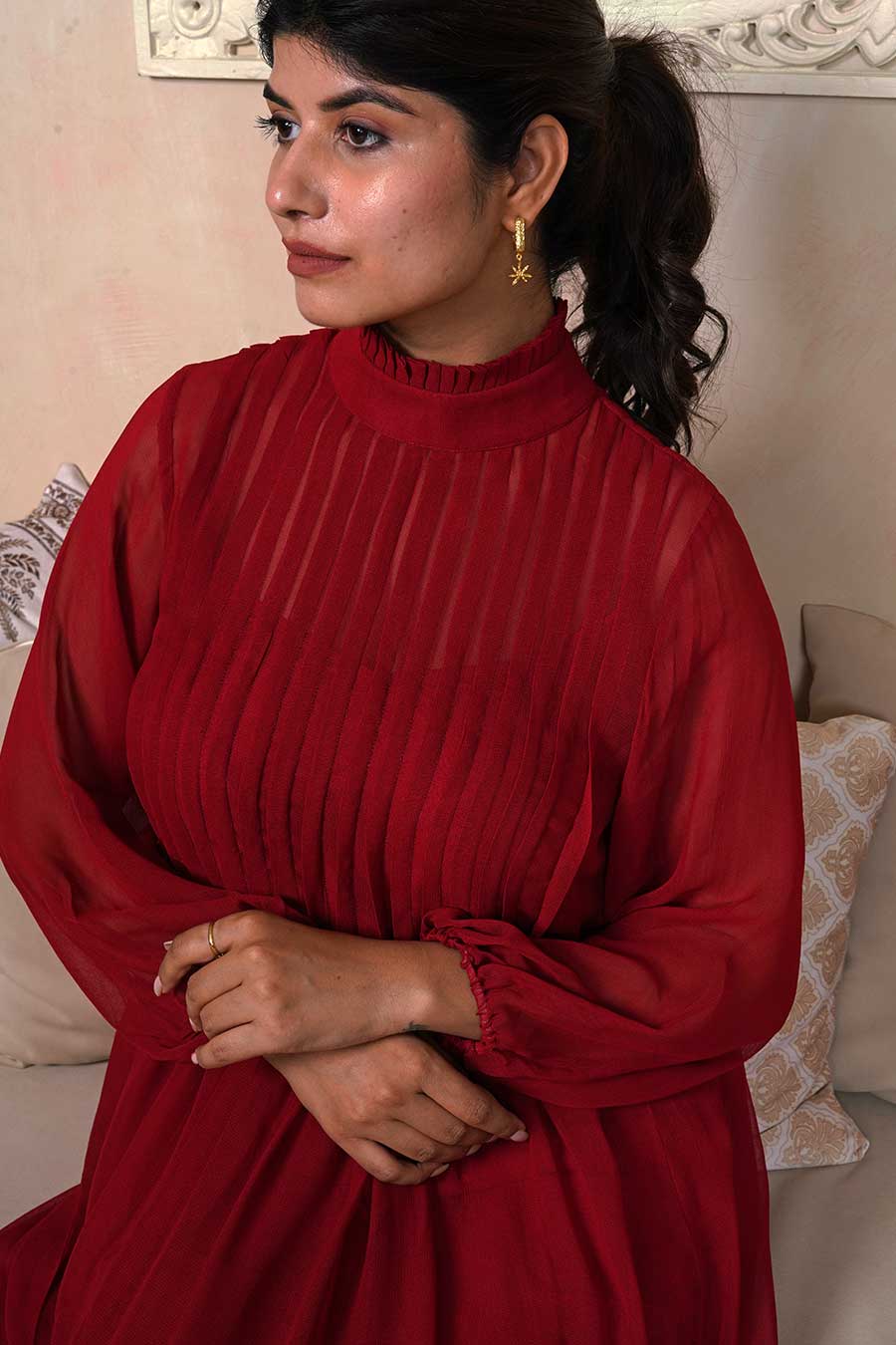 Crimson Red Pintuck Kurta & Pant Set