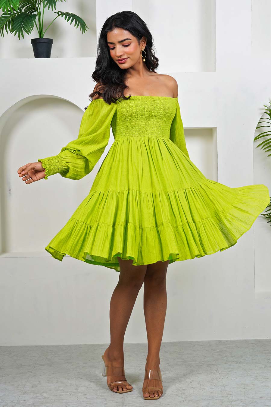 Green Off-Shoulder Smocked Dress