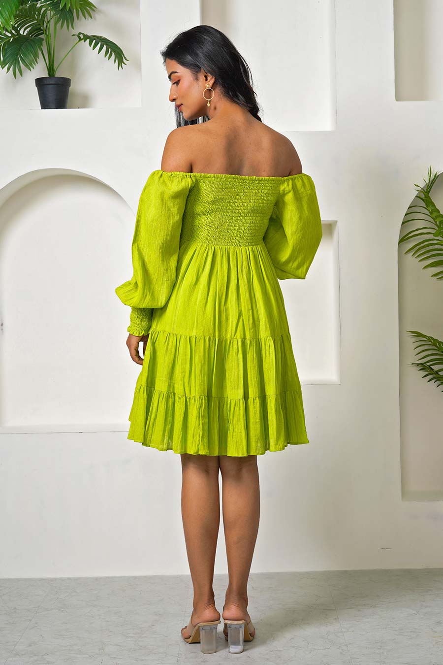 Green Off-Shoulder Smocked Dress