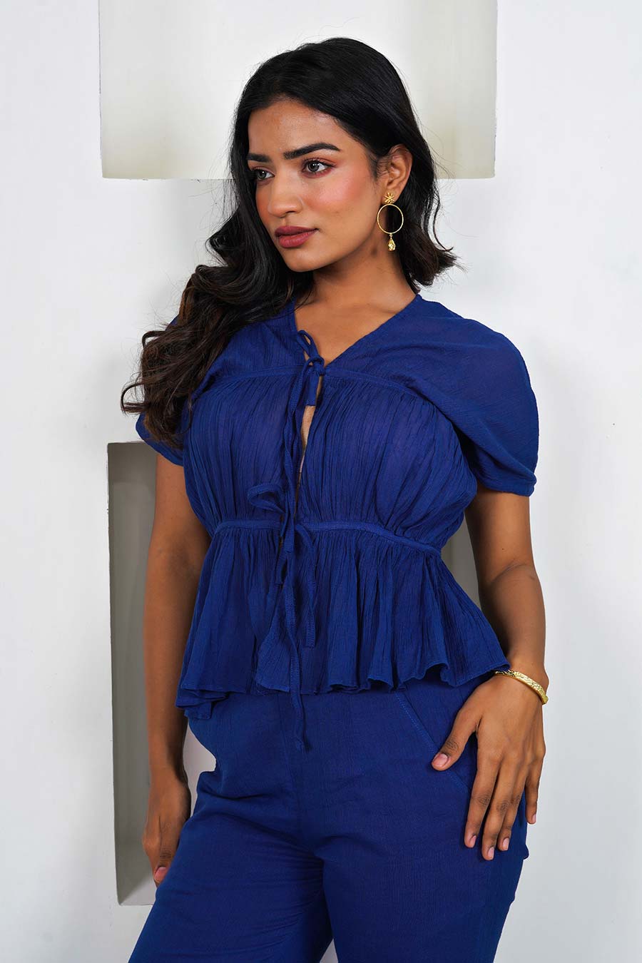 Blue Ruched Top & Pant Co-Ord Set