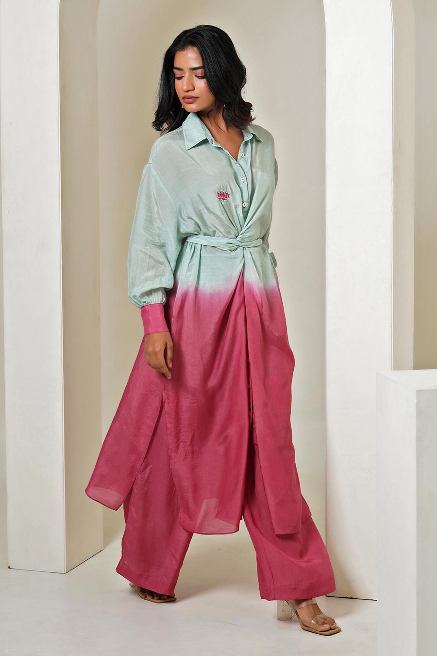 Mint-Fuschia Ombre Knot Kurta & Pant Set