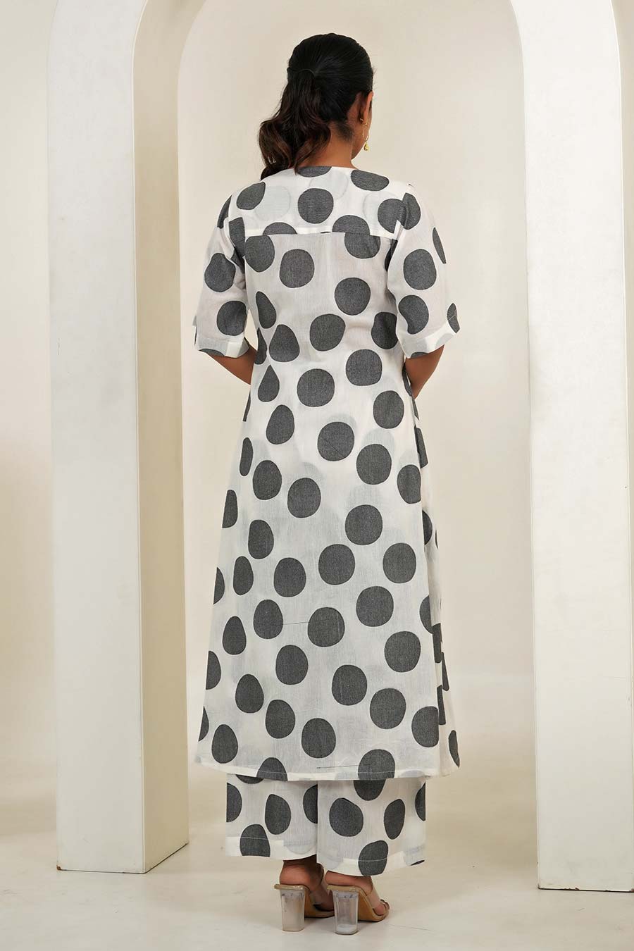 White Polka Dots Pleated Kurta & Pant Set