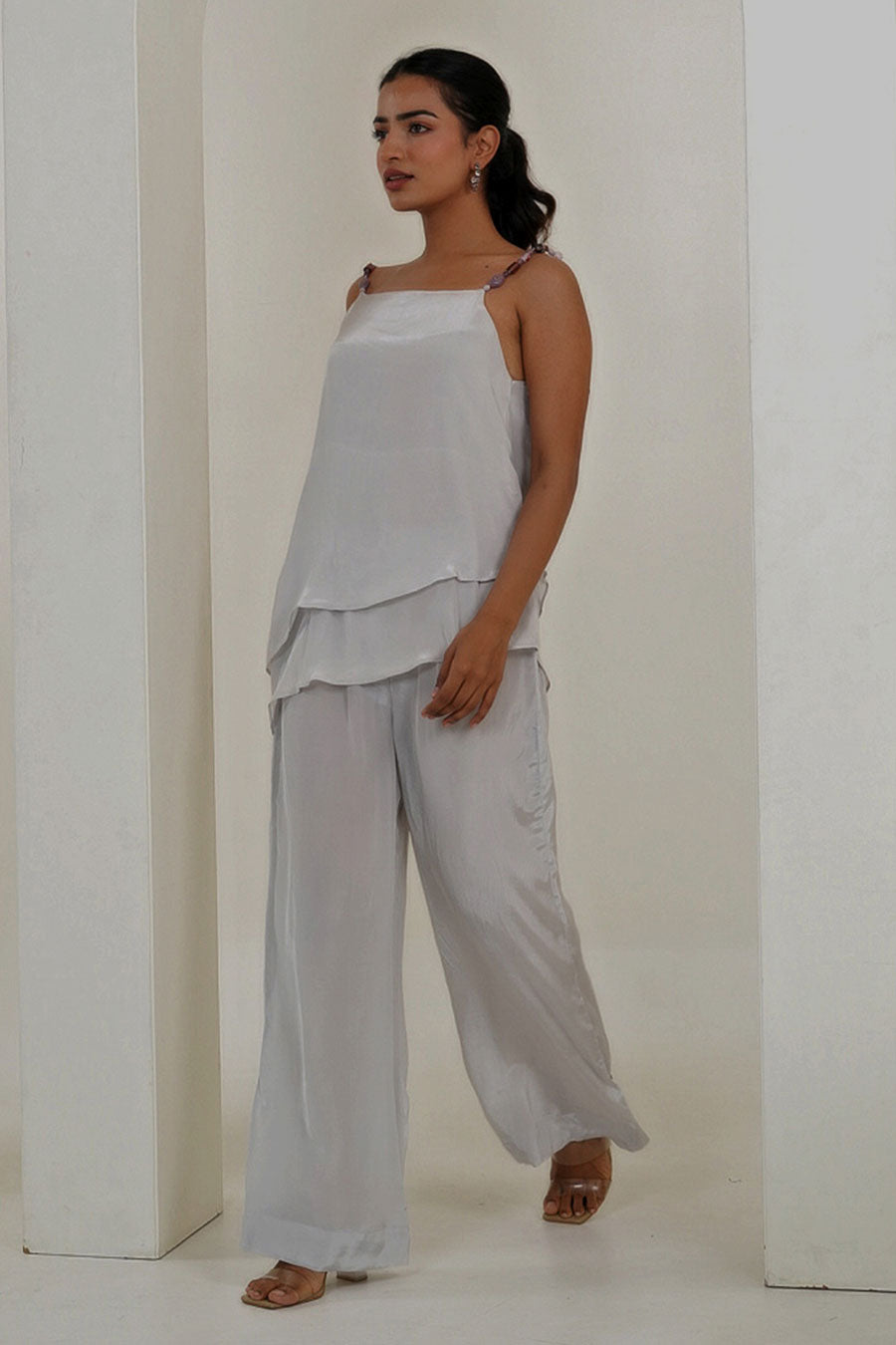 Off-White Gemstone Layered Top & Pant Co-Ord Set