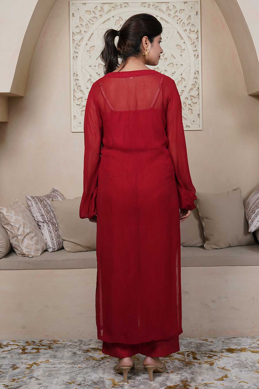 Cherry Red Pintuck Kurta & Pant Set