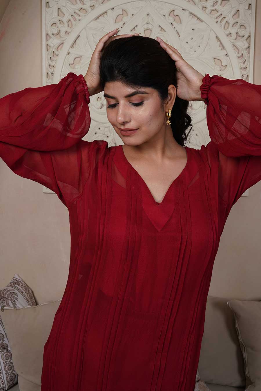 Cherry Red Pintuck Kurta & Pant Set