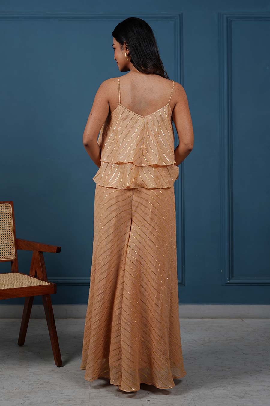 Rust Sepia Ruffle Top & Wide-Leg Pant Set