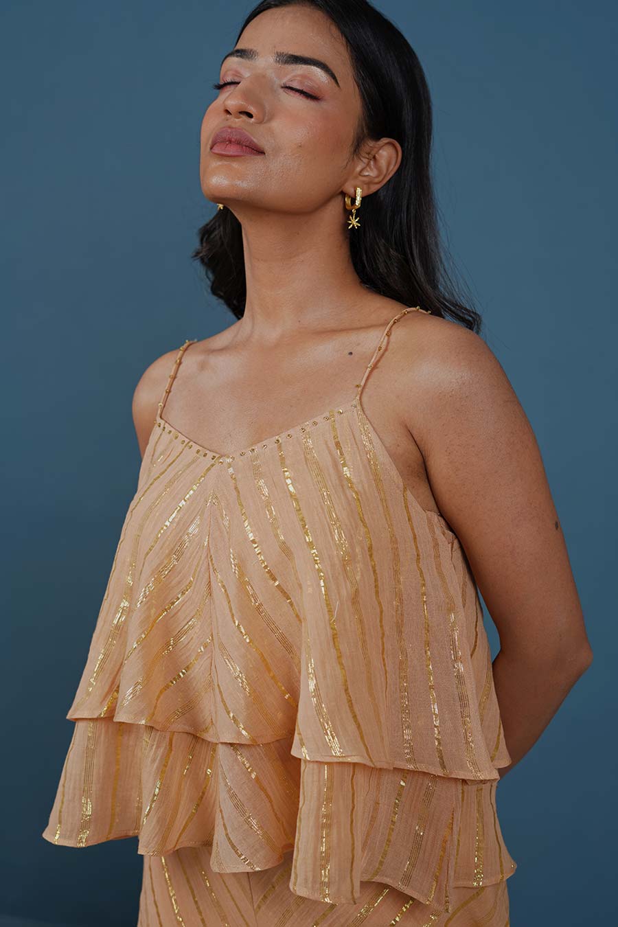 Rust Sepia Ruffle Top & Wide-Leg Pant Set