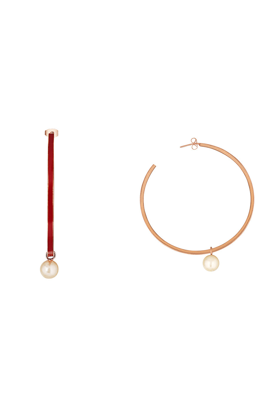 Drop Pearl Red Hoop Earrings