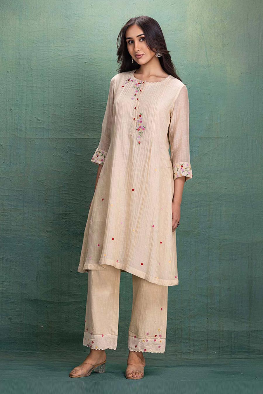 Cream Chanderi Embroidered Kurta & Pant Set