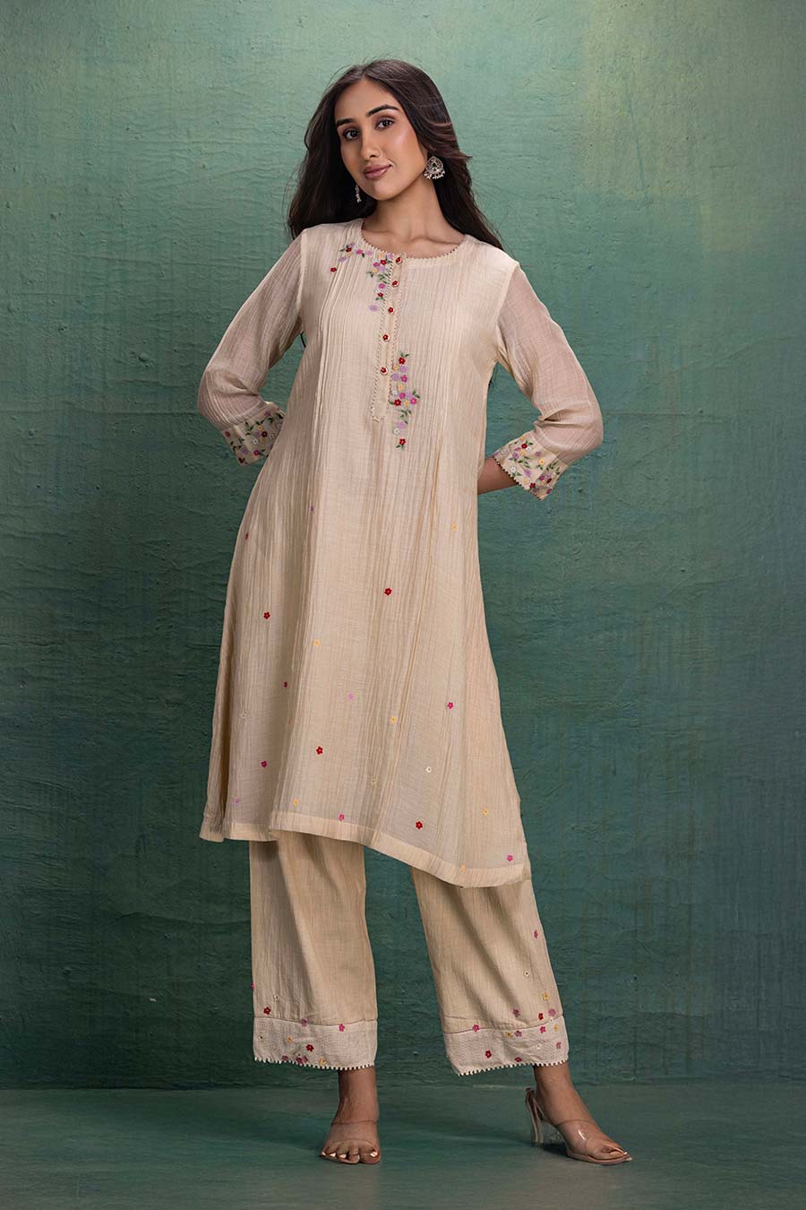 Cream Chanderi Embroidered Kurta & Pant Set