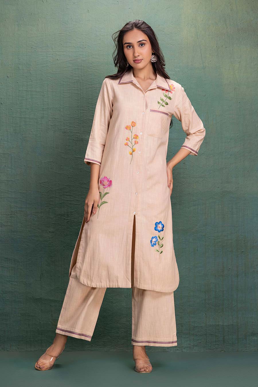 Beige Cotton Embroidered Tunic Co-Ord Set