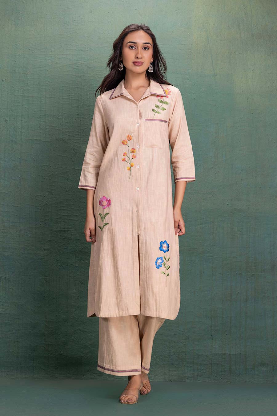 Beige Cotton Embroidered Tunic Co-Ord Set