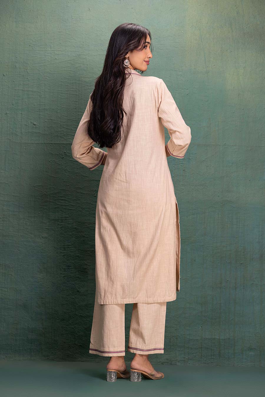 Beige Cotton Embroidered Tunic Co-Ord Set