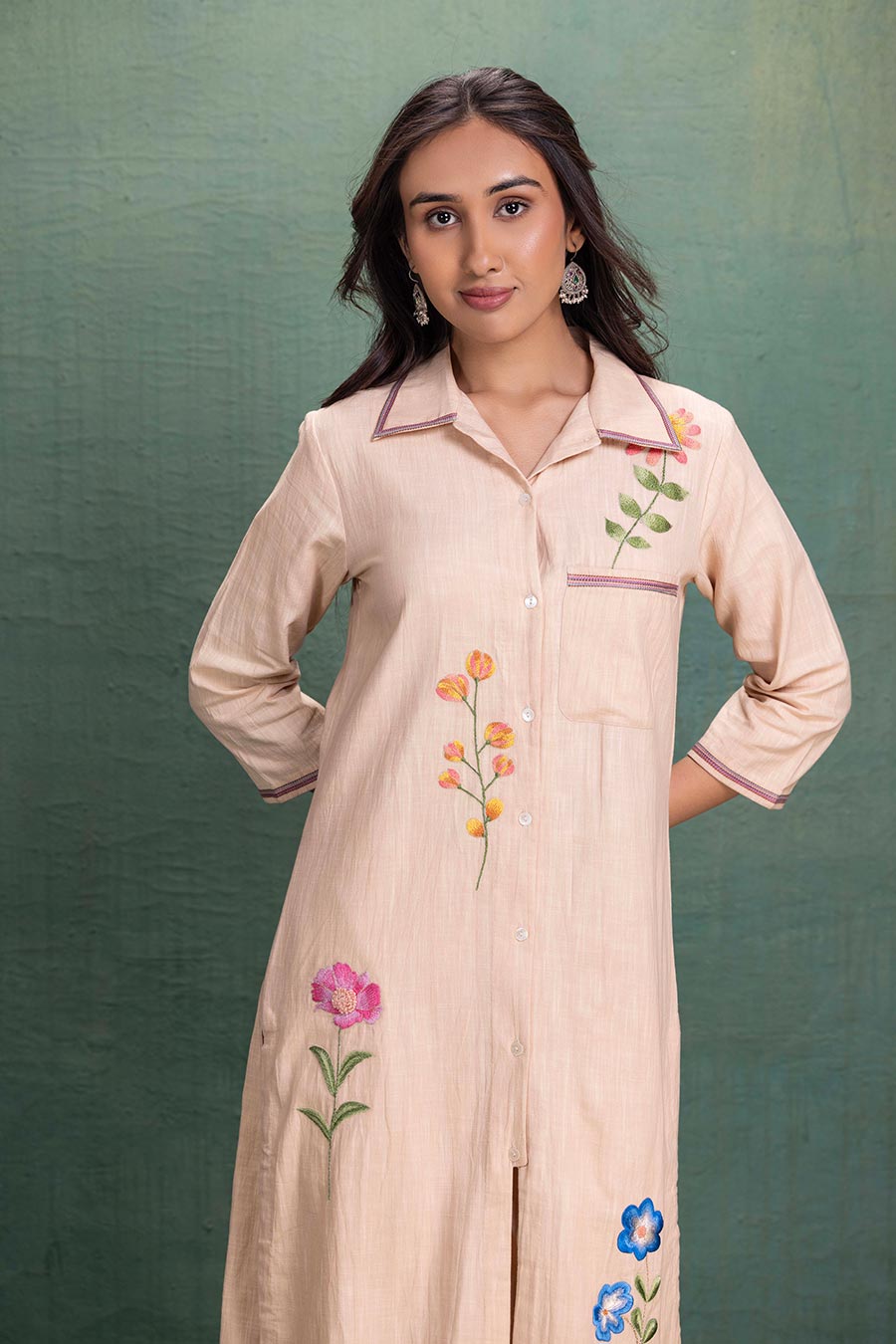 Beige Cotton Embroidered Tunic Co-Ord Set