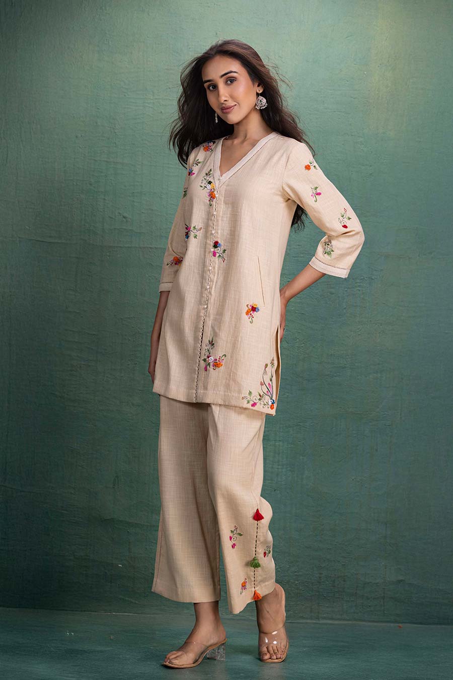 Beige Cotton Embroidered Shirt Co-Ord Set
