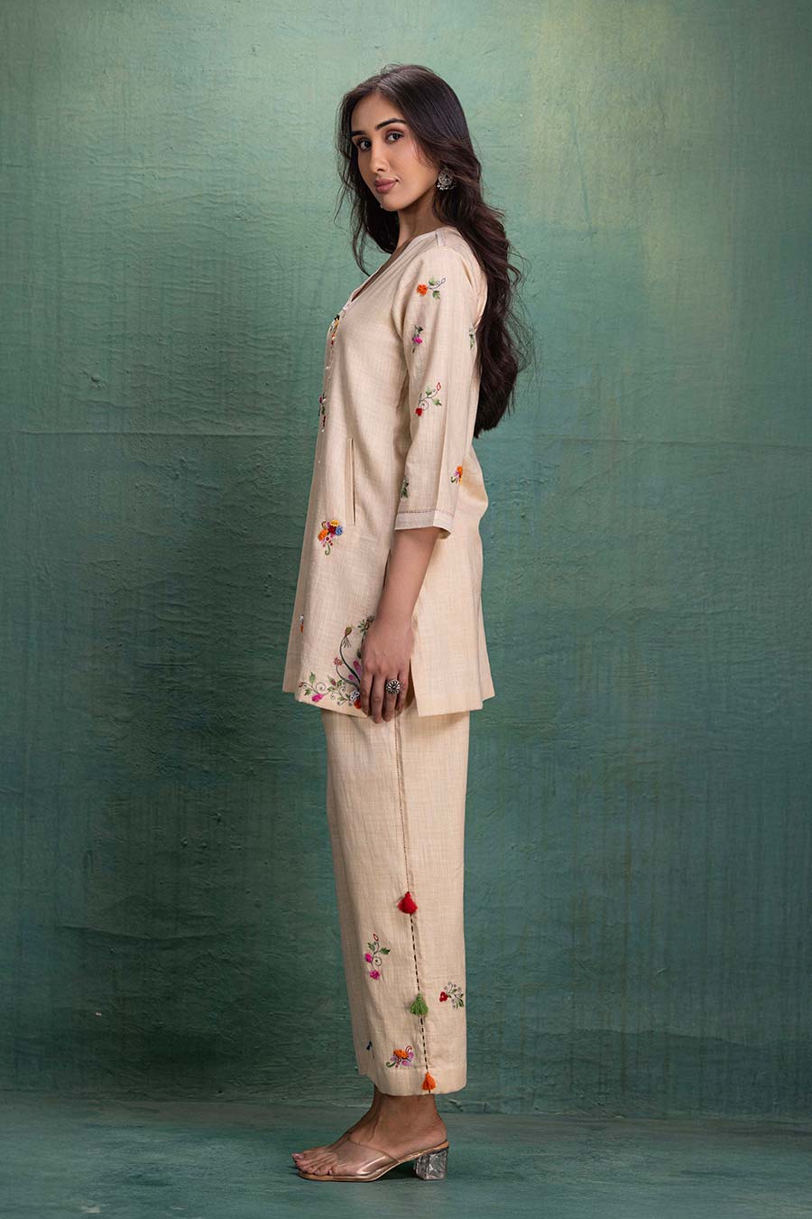 Beige Cotton Embroidered Shirt Co-Ord Set