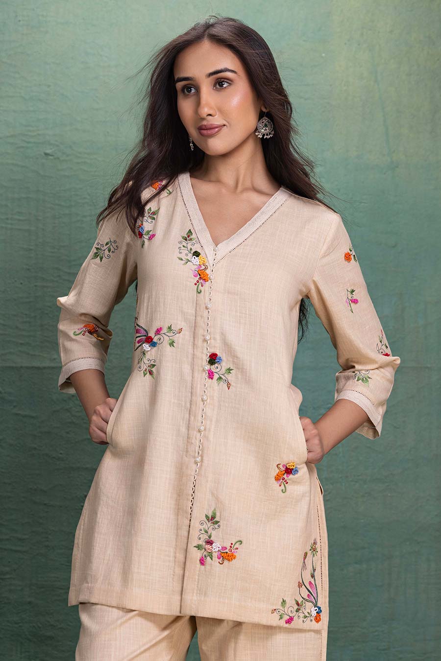 Beige Cotton Embroidered Shirt Co-Ord Set