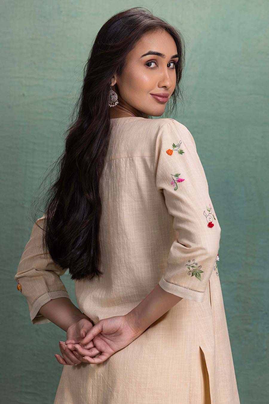 Beige Cotton Embroidered Shirt Co-Ord Set