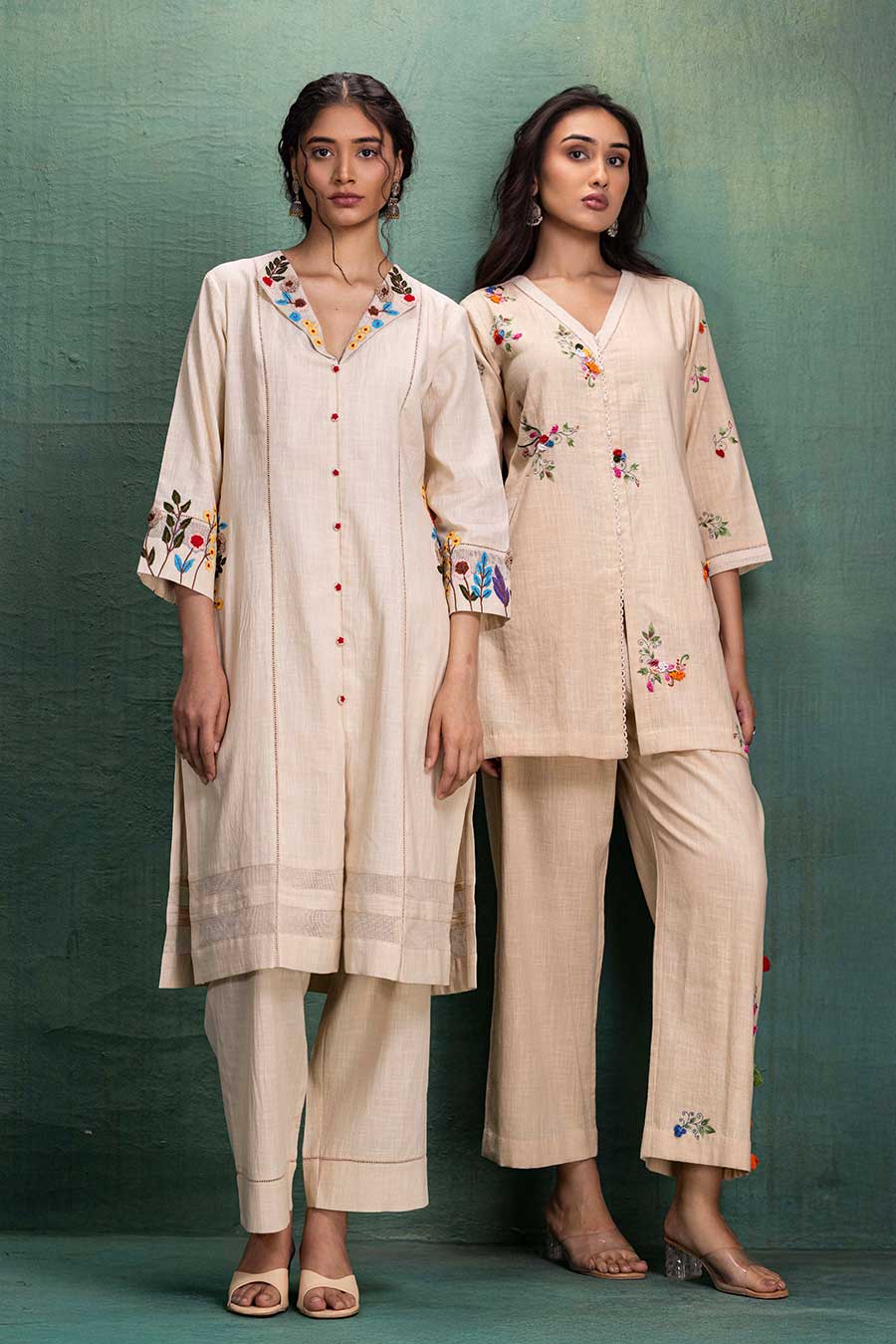 Beige Cotton Embroidered Shirt Co-Ord Set