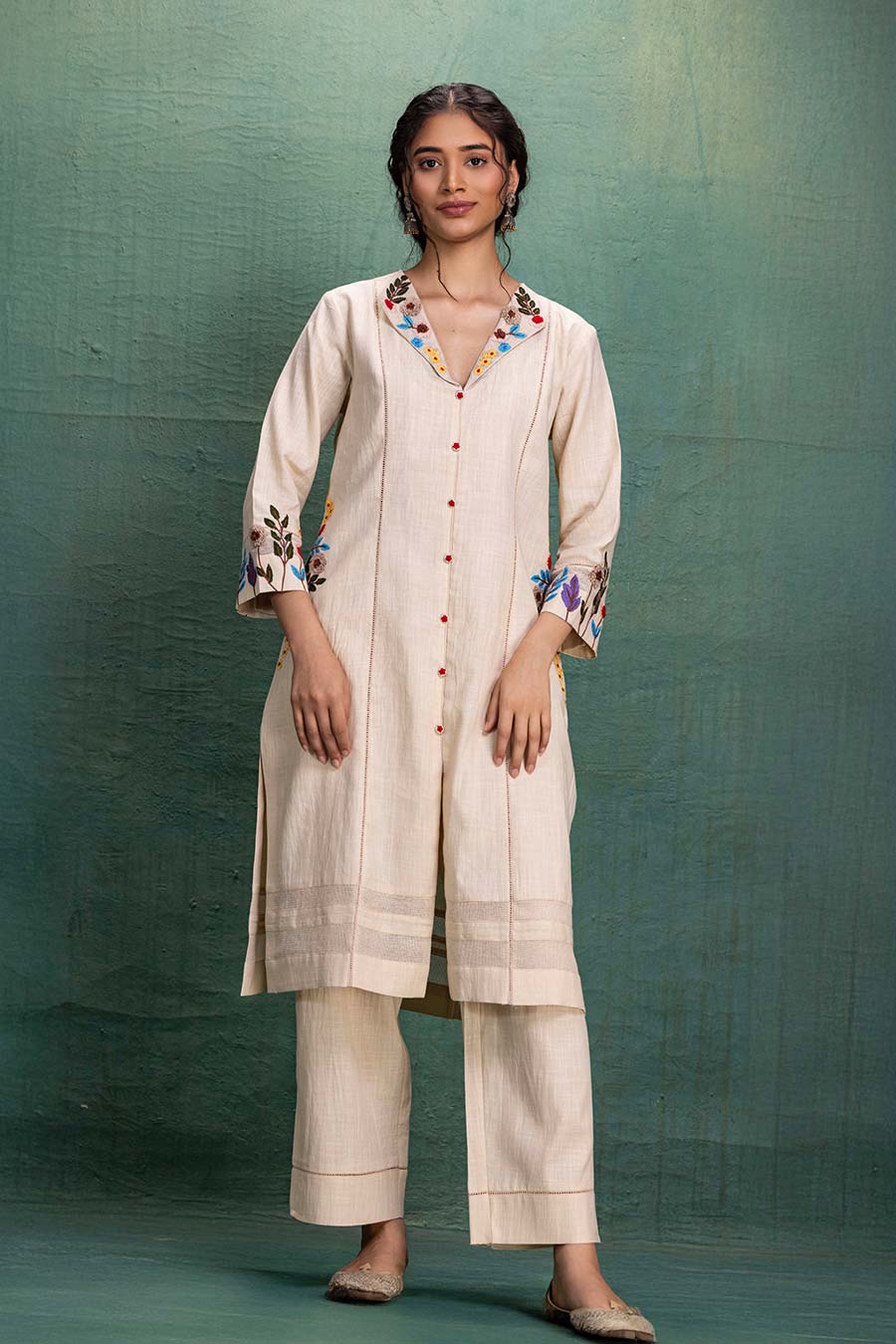 Beige Cotton 3D Embroidered Tunic Co-Ord Set