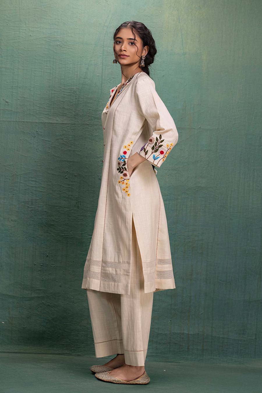 Beige Cotton 3D Embroidered Tunic Co-Ord Set
