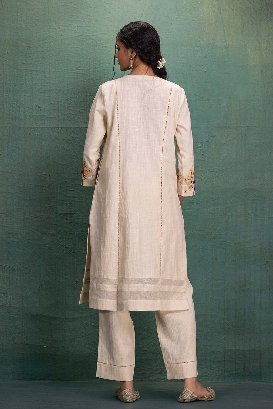 Beige Cotton 3D Embroidered Tunic Co-Ord Set