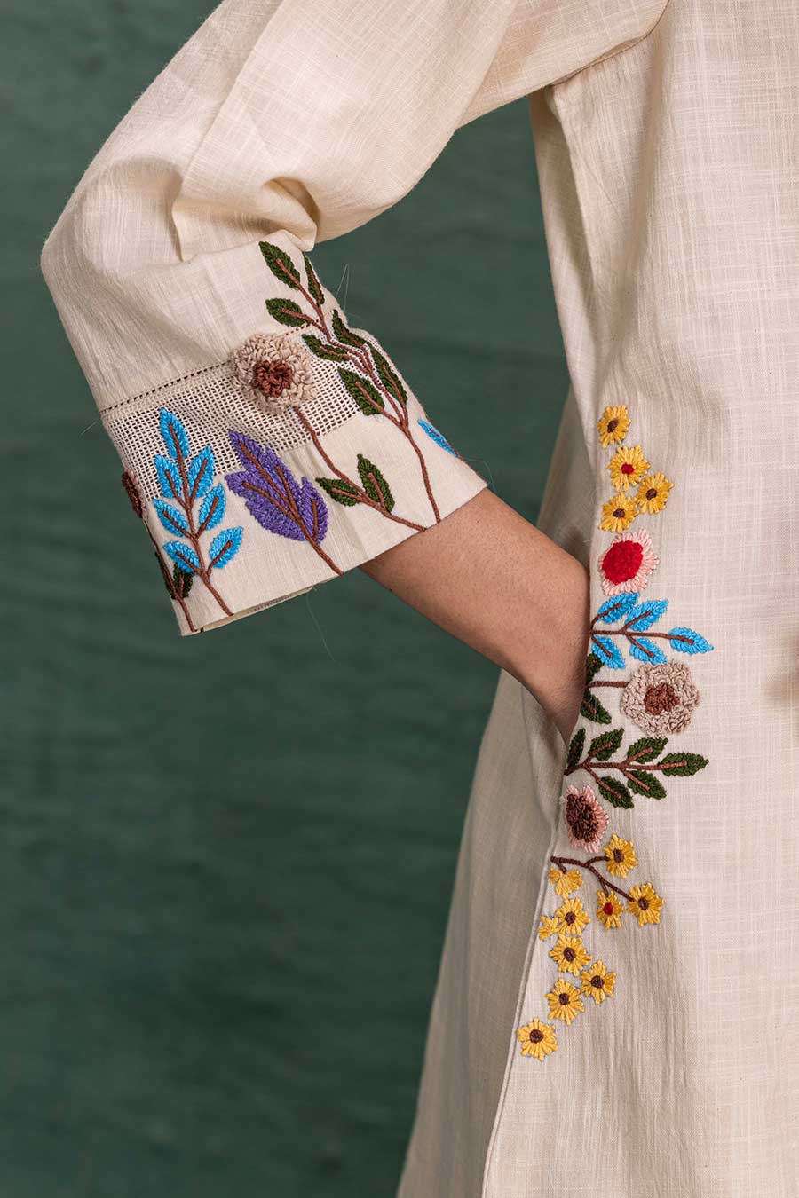 Beige Cotton 3D Embroidered Tunic Co-Ord Set