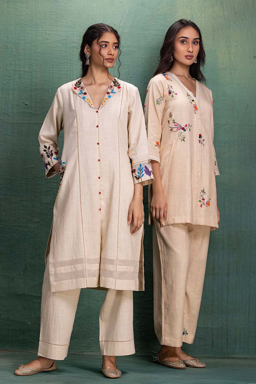 Beige Cotton 3D Embroidered Tunic Co-Ord Set