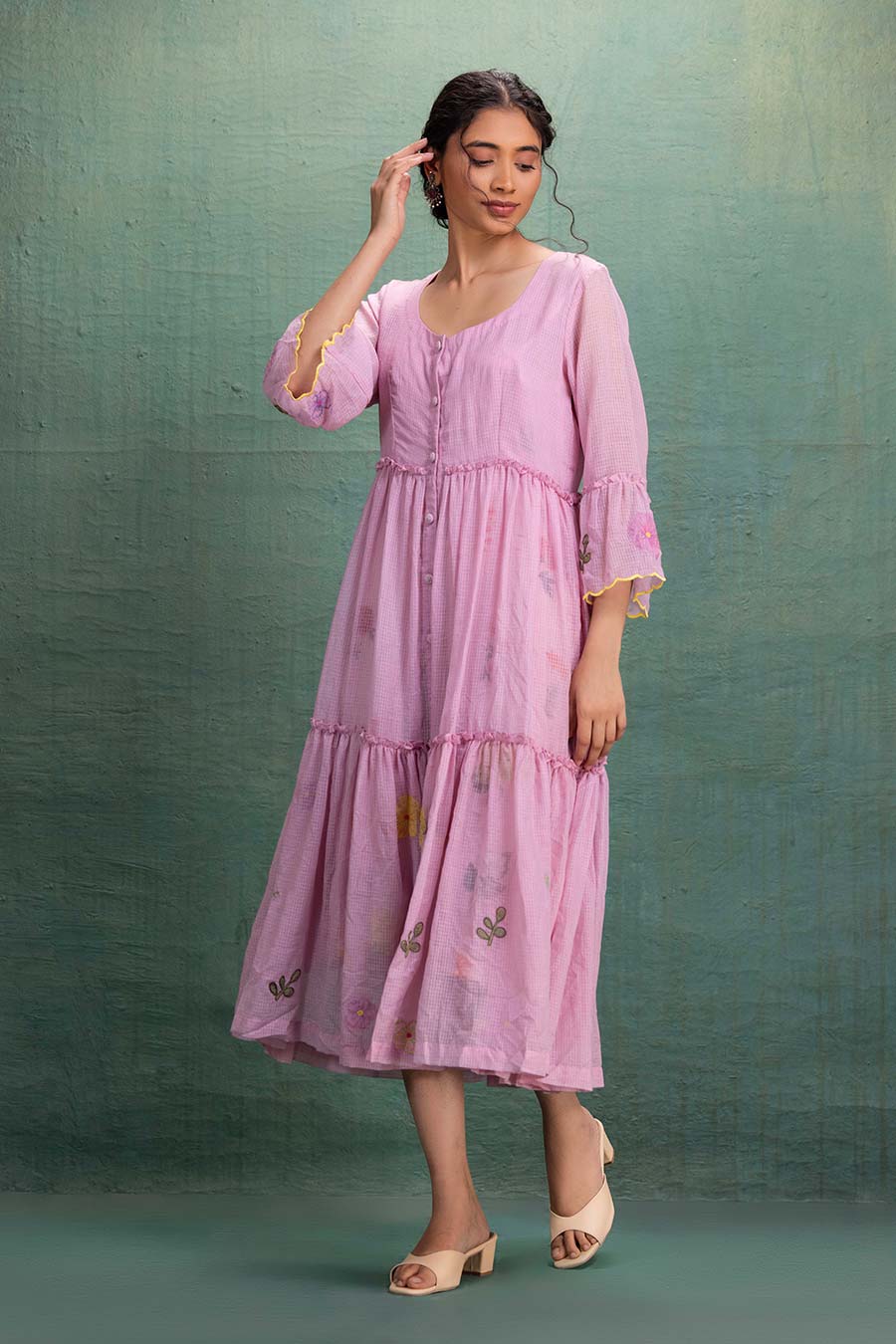 Pink Cotton Embroidered Tiered Dress
