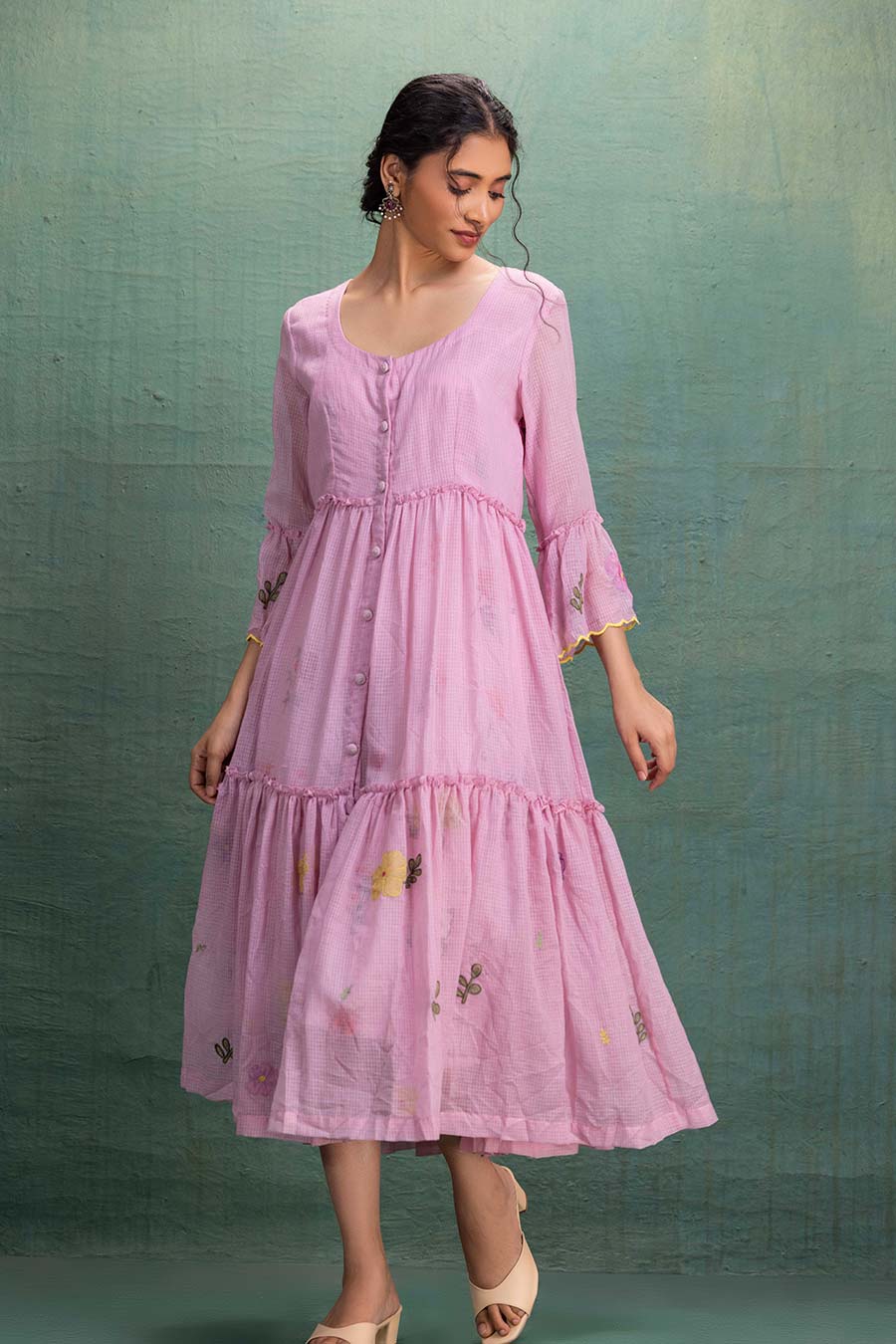 Pink Cotton Embroidered Tiered Dress